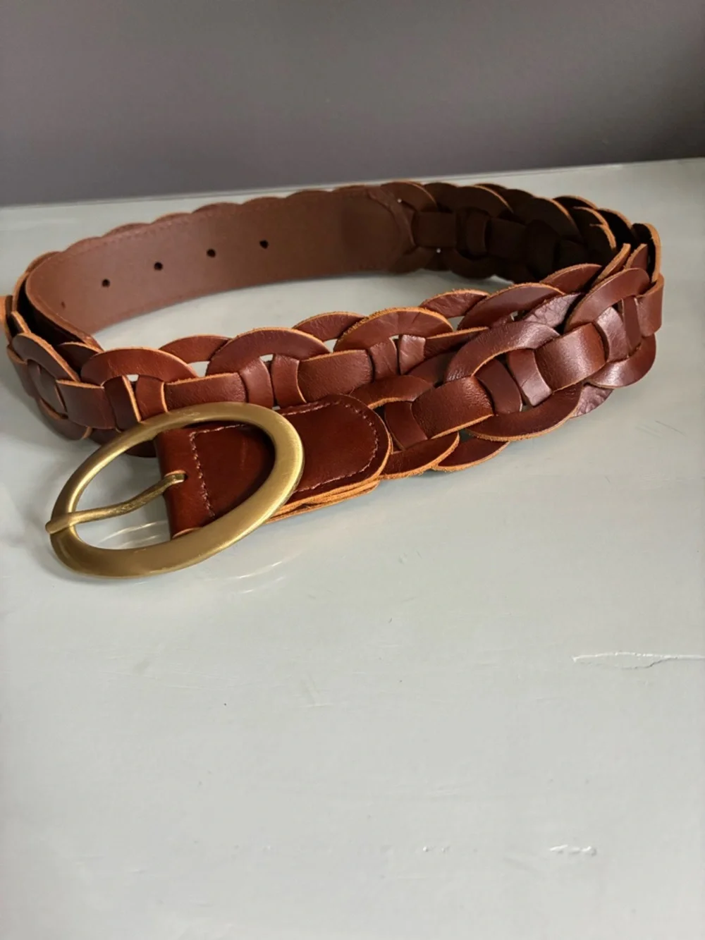 Patricia Nash Woven Leather Circles Brown Belt with Brass Buckle Size Large